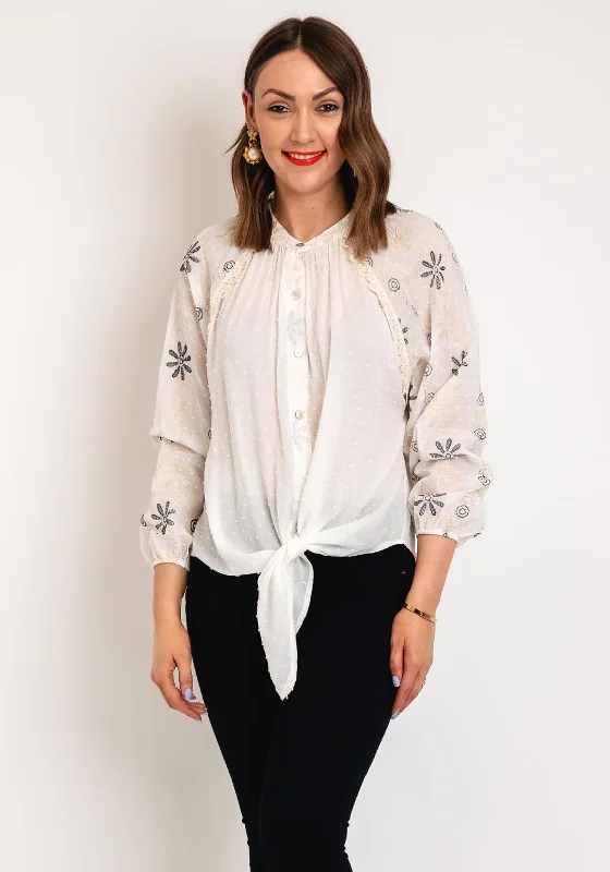 Serafina Collection One Size Dobby Spot Blouse, Off White Puff Sleeve Blouse