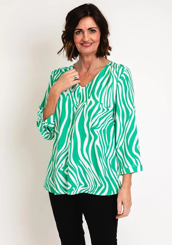 Serafina Collection Animal Print Blouse, Green Balloon Sleeve Blouse