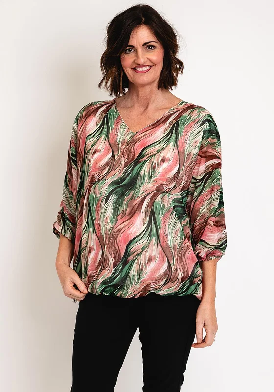 Serafina Collection Chiffon Print Blouse, Green Collared Satin Blouse