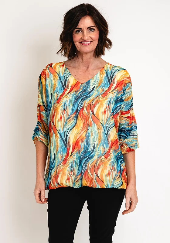 Serafina Collection Chiffon Print Blouse, Orange Double Button Blouse