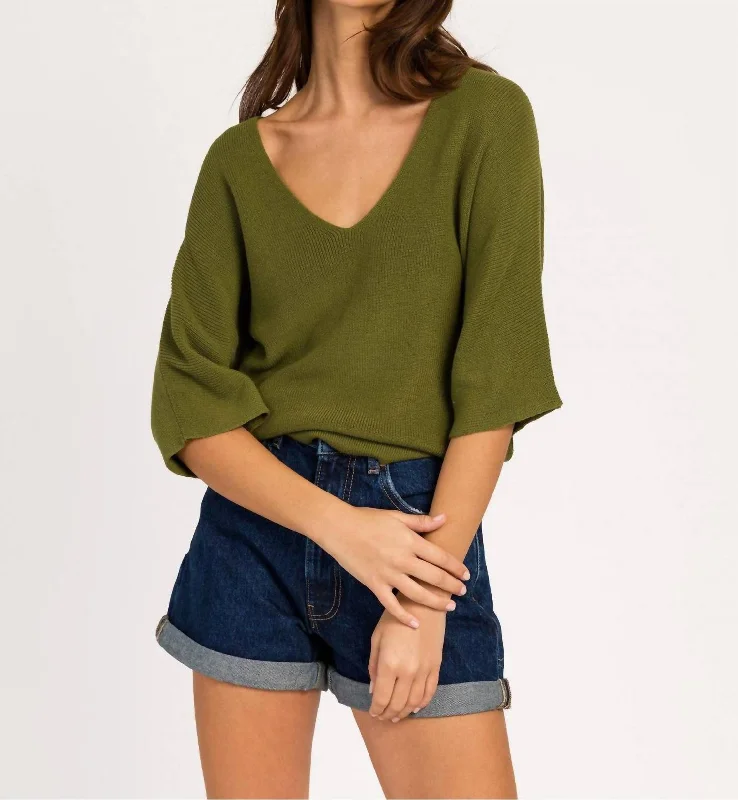 Lenono Knit Sweater In Olive Welt Pockets Slit Pockets Flap Pockets