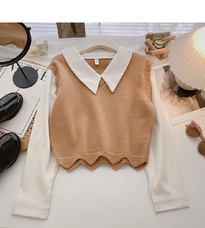 Long sleeve stitching design sense sweater gentle blouse  6499 Soft Pastel Blouse