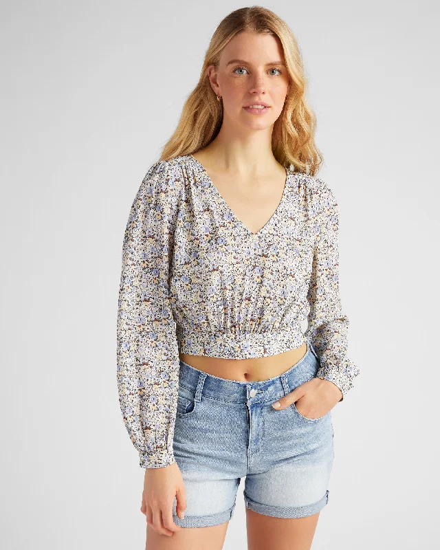 Floral Print Button Back Crop Blouse Soft Satin Blouse