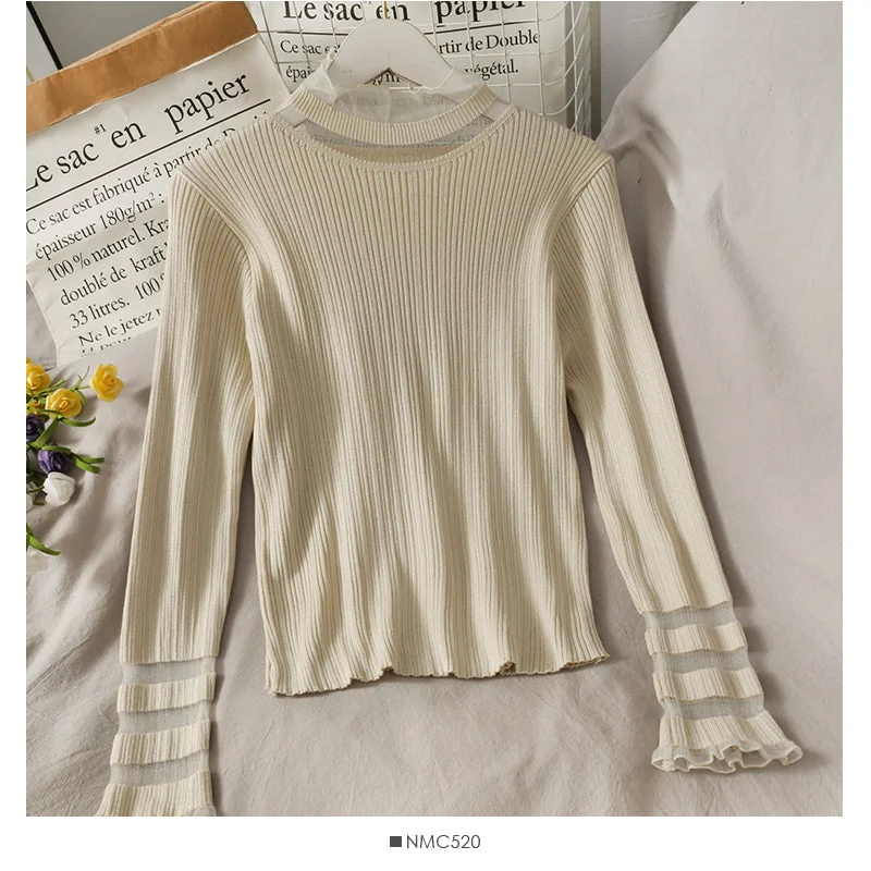 Mesh stitched wood ear edge half high neck long sleeve bottomed blouse  2025 Modern Work Blouse