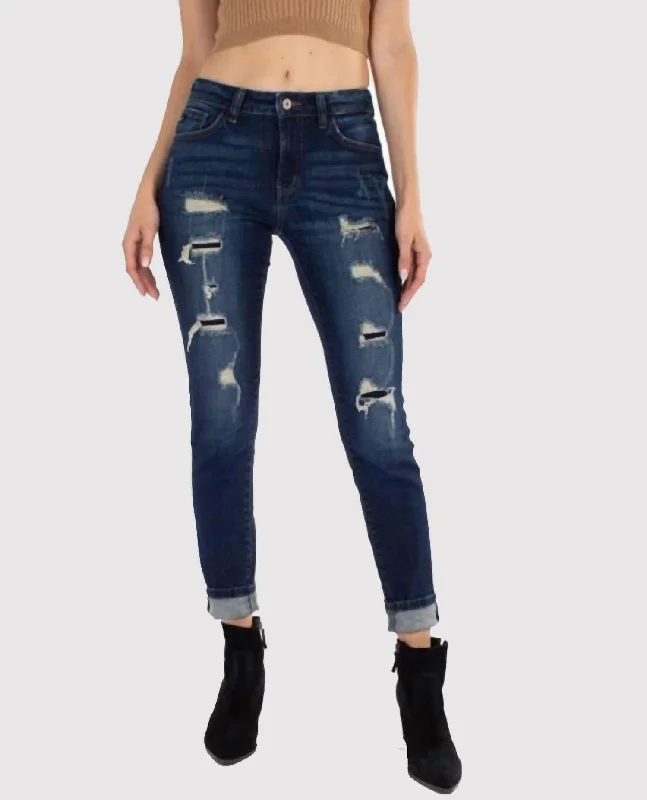 Mid Rise Distressed Ankle Skinny Jean In Dark Wash Chic Rip-Detail High-Waist Jeans