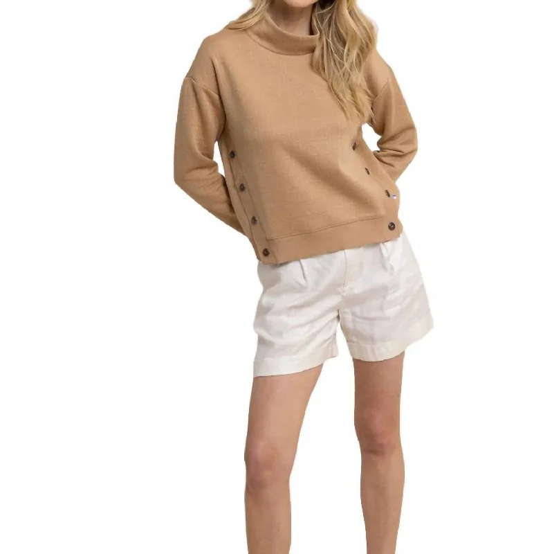 Mock Neck Sweater Top In Tannin Elasticated Padded Insulated