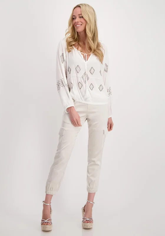 Monari Embroidered Boho Blouse, Off White Embellished Collar Blouse