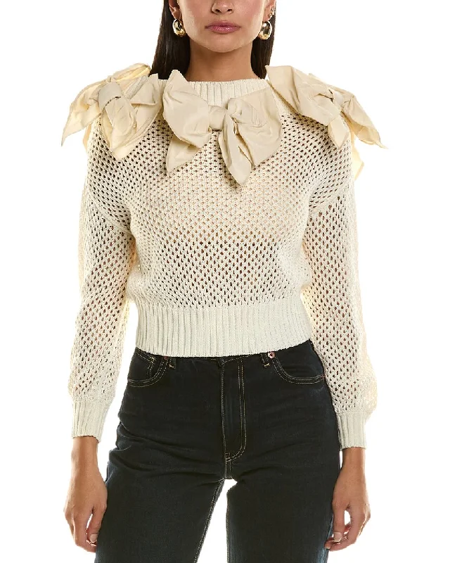 Oscar de la Renta Faille Bow Sweater Glossy Satin Silk