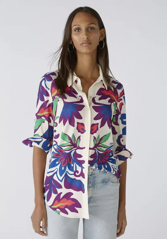 Oui Vibrant Floral Jersey Blouse, White Violet Subtle Shimmer Blouse