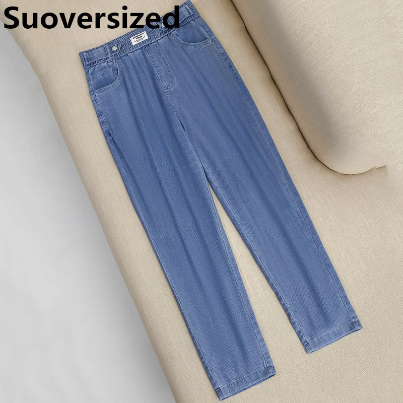 Jeans Elastic High Waist Baggy Jean Pants Ankle-length Denim Pantalones Comfortable Folded Hem Jeans