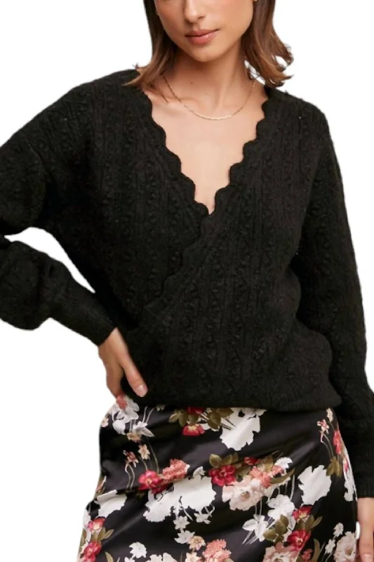 Paige Pointelle Knit Wrap Style Sweater In Black Lace Blend Ribbed Blend Corduroy Blend