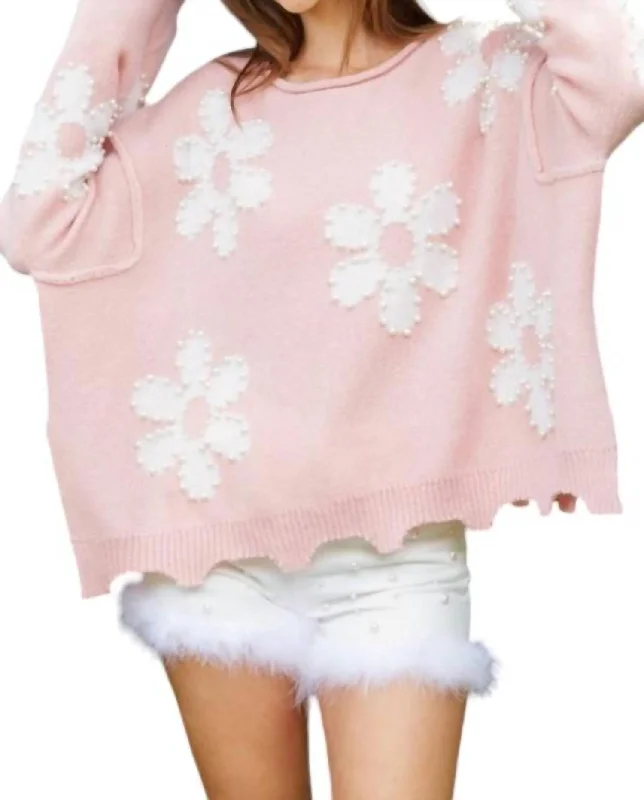 Pretty Pearls Sweater In Pink Nylon Fabric Polyester Fabric Spandex Fabric