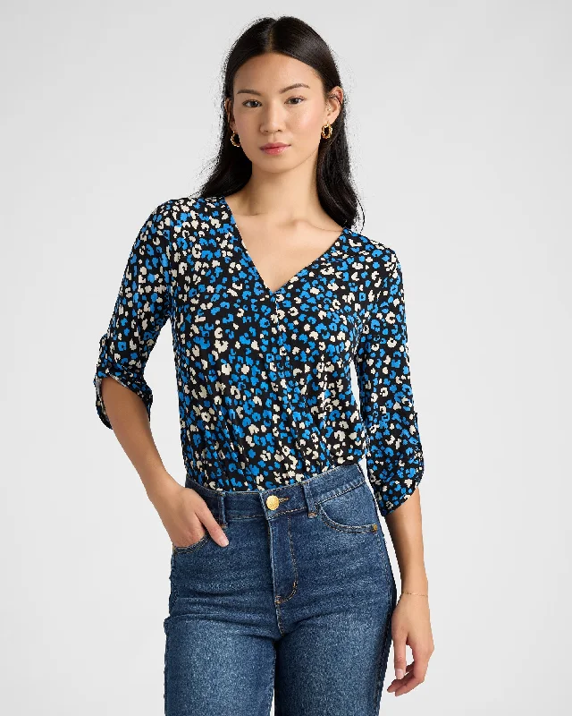 Printed Roll Tab Knit Blouse Soft Pastel Blouse