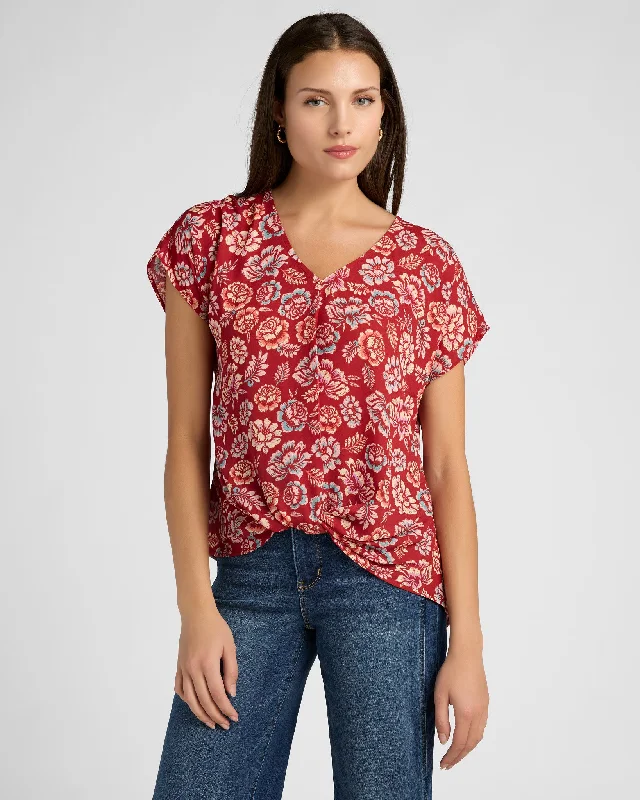 Printed Short Sleeve Twist Front Blouse Feminine Satin Blouse