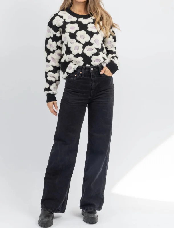 Provincetown Floral Sweater In Black Velvet Chenille Corduroy