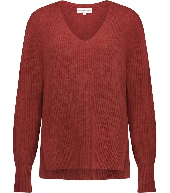Ribbed Blouson Sleeve Sweater In Russet Heather Nylon Fabric Polyester Fabric Spandex Fabric