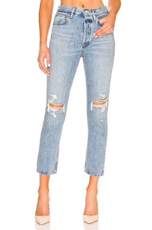 Riley High Rise Straight Crop Jean In Blitz (Med Indigo) Chic Rolled Cuff Denim Jeans