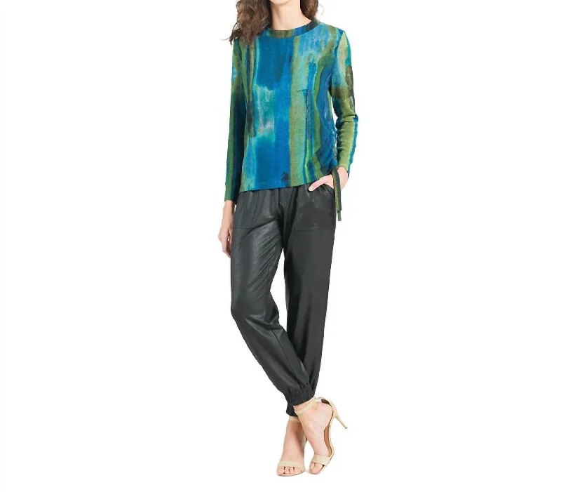 Side Pull-Tie Sweater Top In Green/blue Modern Contemporary Chic