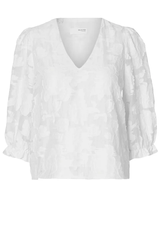 Selected Femme Cathi Floral Embossed Blouse, Bright White Delicate Bow Blouse