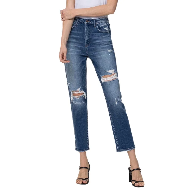 Small Town Distressed Stretch Mom Jeans In Medium Wash Trendy Flared Leg Jeans