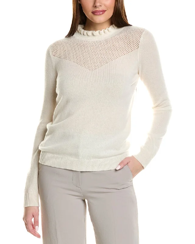 sofiacashmere Ruffle Mock Neck Mesh Stitch Cashmere Sweater Cashmere Blend Cotton Blend Poly Blend