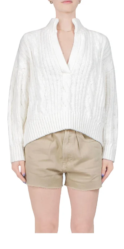 Split Neck Cable Sweater In White Sweater Knitwear Pullover