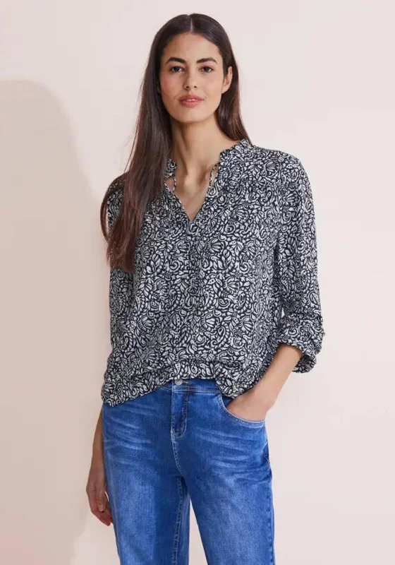 Street One Print Tunic Blouse, Deep Blue Satin Long Blouse