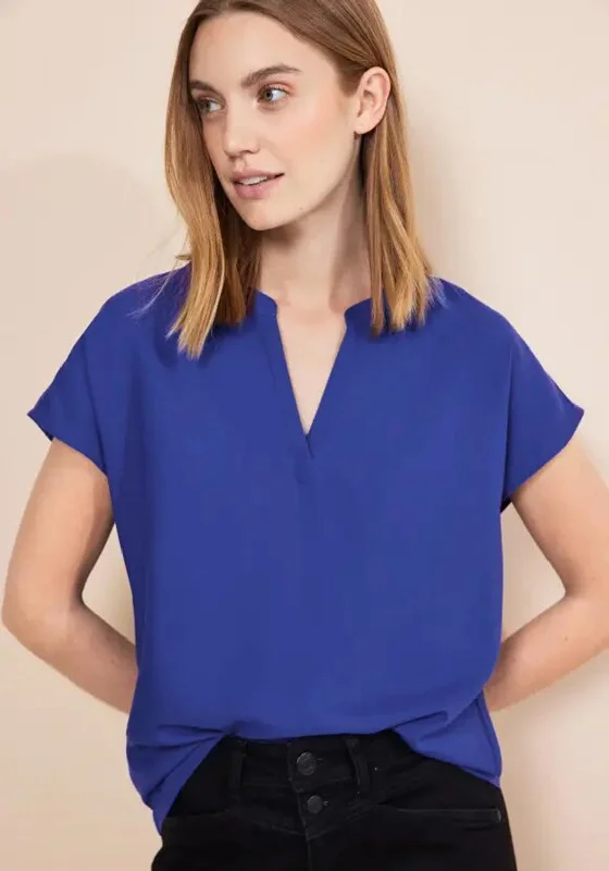 Street One V-Split Neck Viscose Blouse, Intense Royal Blue Casual Button Blouse