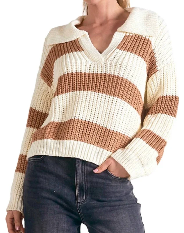 Stripe Collared Sweater In Camel/white Boat Neck Shawl Collar Notched Collar