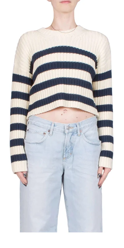 Striped Ribbed Cropped Sweater In Ecru W/ Navy Neon Metallic Matte