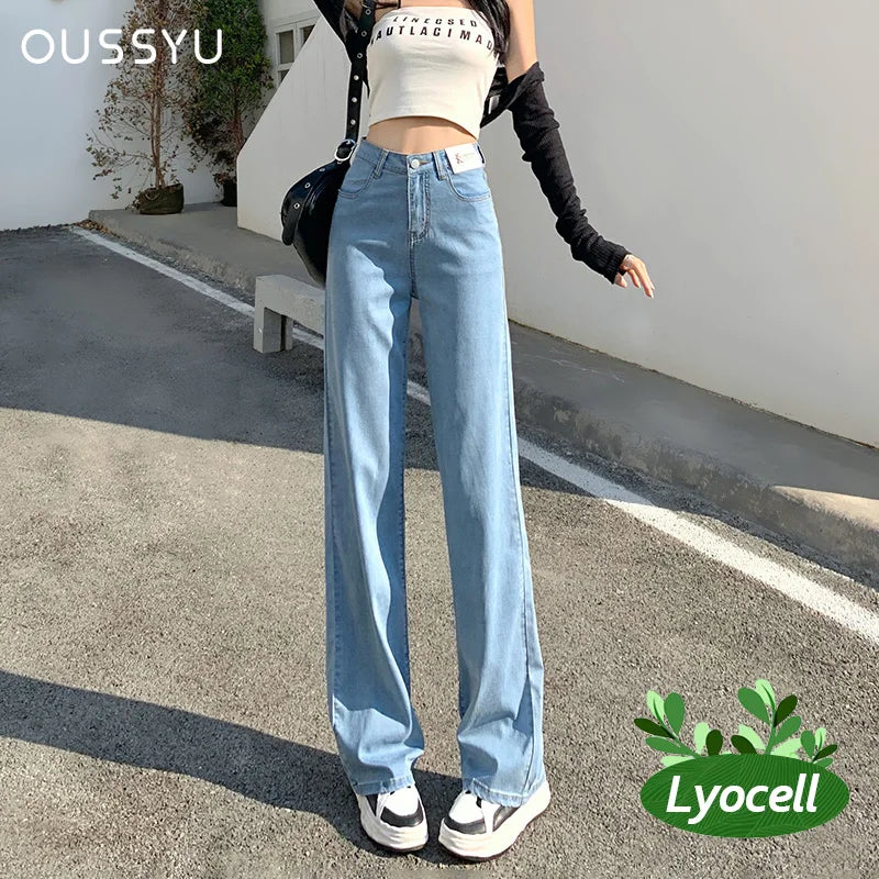 Summer Lyocell Jeans Women Blue Black High Waisted  Straight Wide Leg Denim Comfortable Ankle Jeans