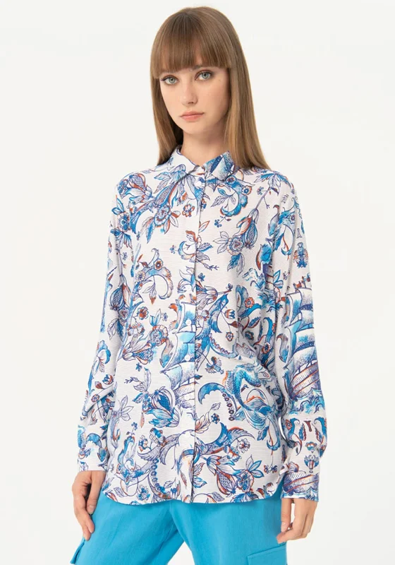 Surkana Long Sleeve Seashore Print Blouse, Blue Embroidered Cotton Blouse