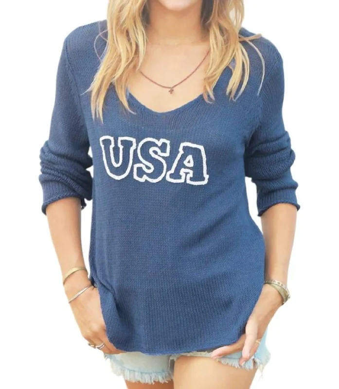 Usa Cotton Sweater In Blue Machine Wash Dry Clean Hand Wash