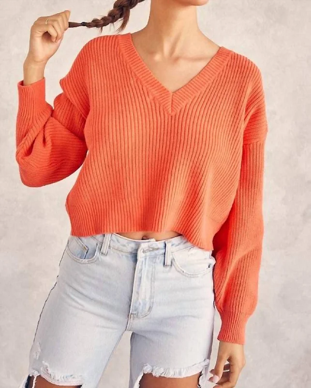 V-Neck Reversible Sweater In Orange Denim Fabric Leather Fabric Suede Fabric