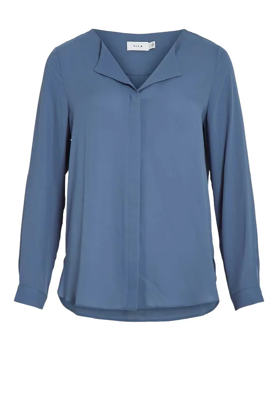 Vila Lucy Lightweight Blouse, Bijou Blue Pleated Collar Blouse