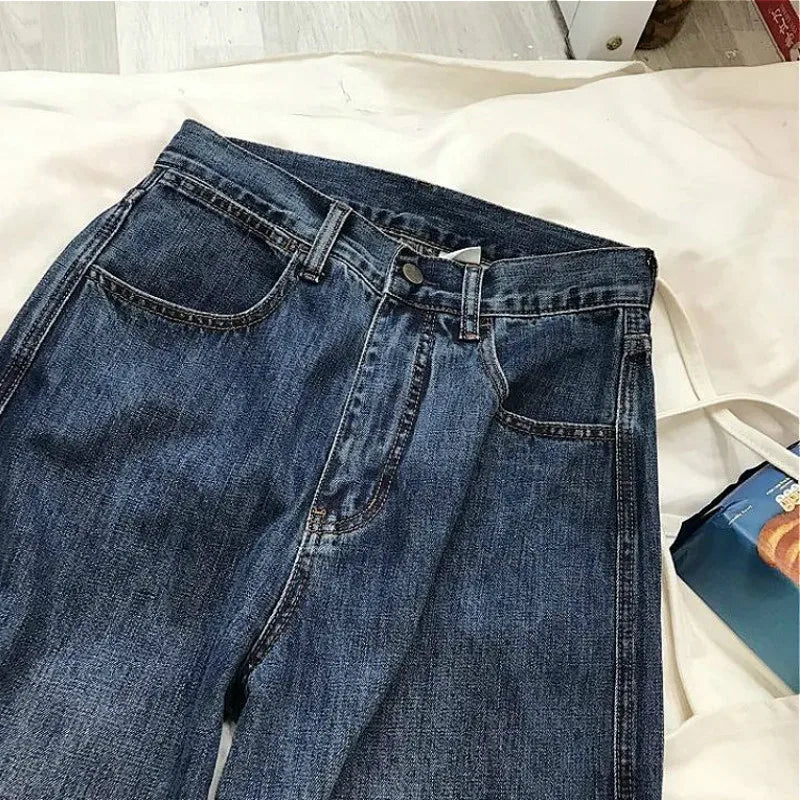 Vintage Blue High Waist Women Jeans Gradient American Fashion Streetwear Wide Leg Elegant Wide-Leg Jeans