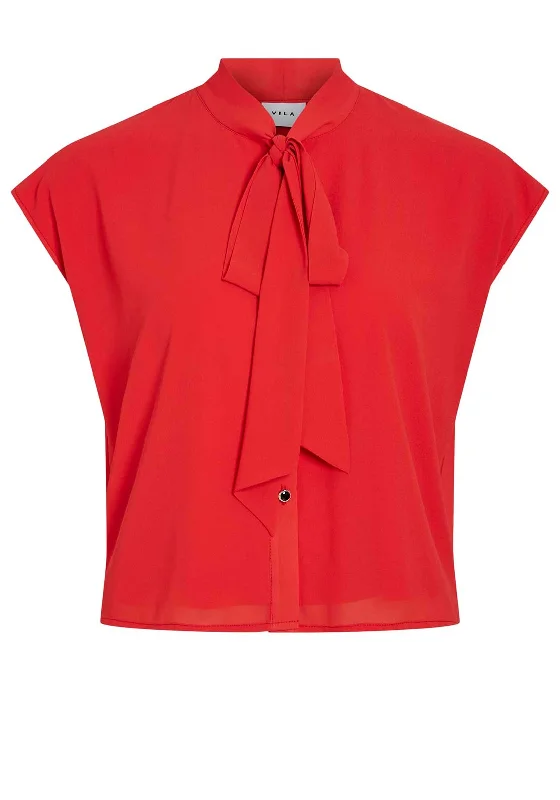 Vila Yasmin Pussy Bow Blouse, Tomato Red Business Casual Blouse