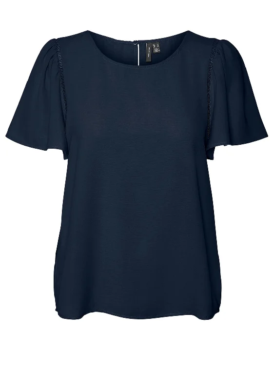 Vero Moda Alva Floaty Sleeve Blouse, Navy Silky Draped Blouse