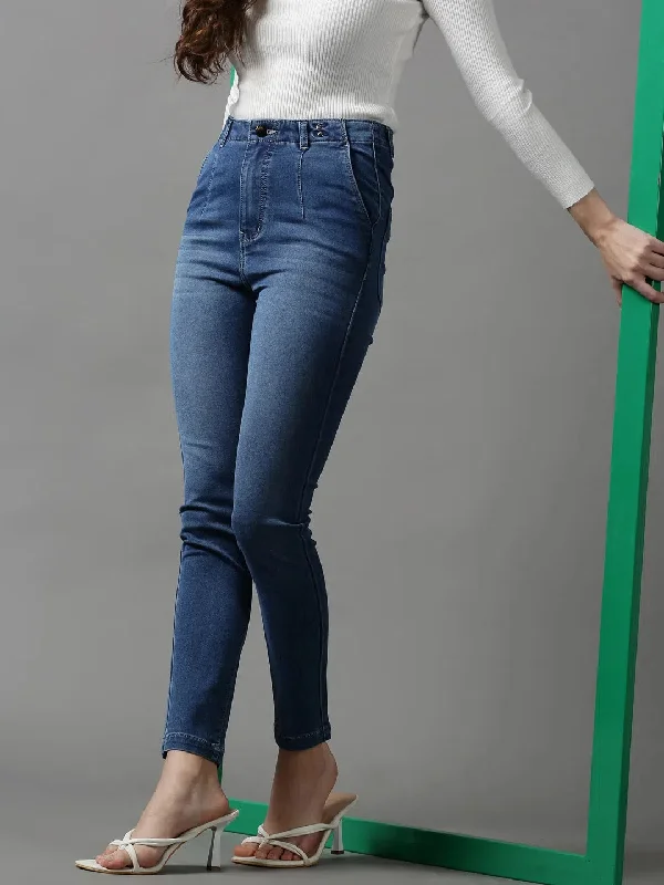 Women's Blue Solid Skinny Fit Denim Jeans-IM-9939-1-Blue Chic Rolled Cuff Denim Jeans