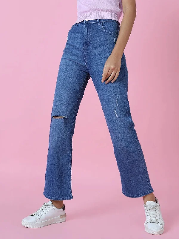 Women's Blue Solid Wide Leg Denim Jeans-GZ-5290-Blue Fashionable Bootcut Jeans