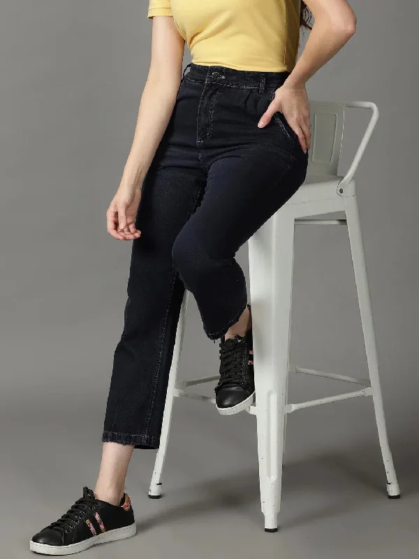 Women's Navy Blue Solid Relaxed Fit Denim Jeans-IM-9982-B-Navyblue Trendy Wide-Leg High-Waist Denim