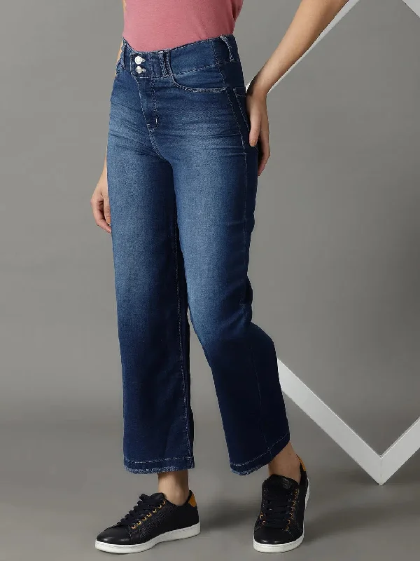 Women's Navy Blue Solid Straight Fit Denim Jeans-IM-9819-C-Navyblue Elegant High-Waisted Flared Jeans