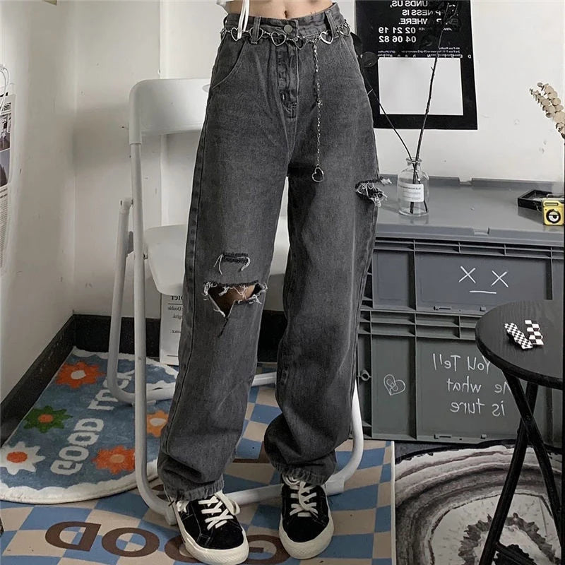 Vintage Streetwear Dark Gray Jeans Women Y2K High Waist Ripped Denim Trousers Trendy Pleated Waist Jeans