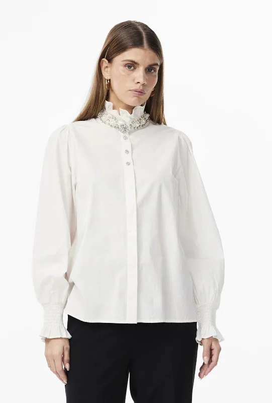 Y.A.S Manilla Embellished Long Sleeve Blouse, Star White Oversized Silk Blouse
