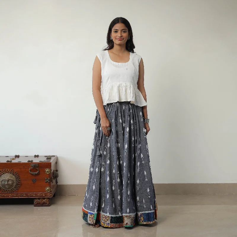 Grey - 24 Kali Cotton Pochampally Ikat Skirt with Border 02 elastic waist skirt