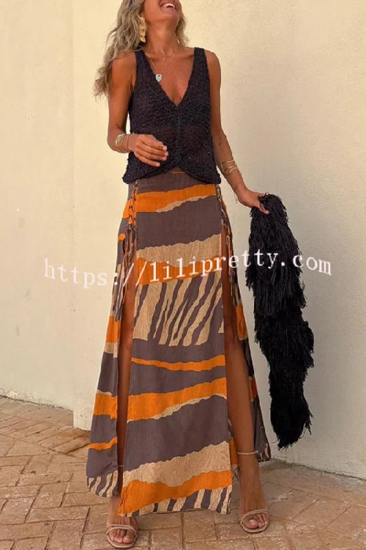 Lilipretty® Bendita Colorblock Print Elastic Waist Side Lace-up Slit Maxi Skirt lace skirt feminine