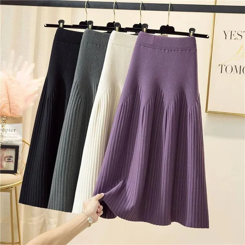 Autumn and Winter Ladies Mid-length All-match A-line Knitted Skirt Is Thin and Pleated Skirt lace skirt intricate