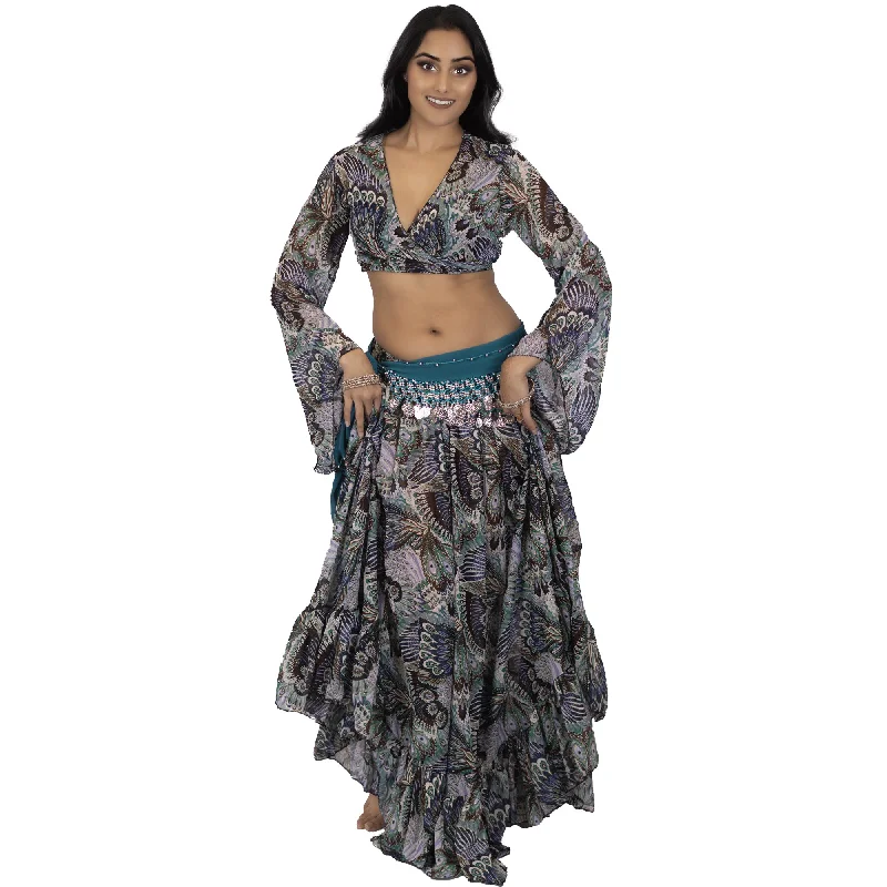 Belly Dance Chiffon Skirt, Choli Top & Hip Scarf Costume Set elastic waist skirt