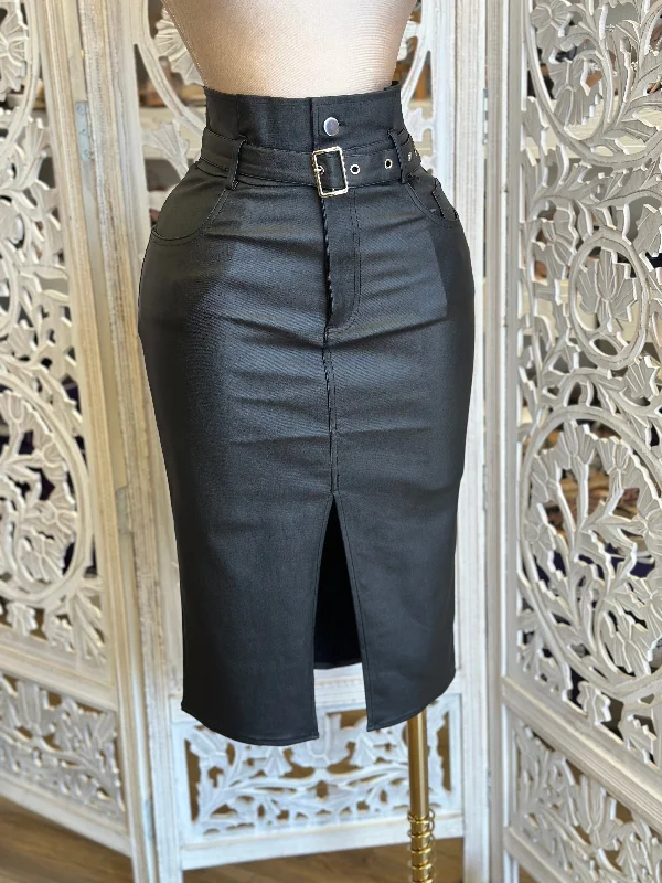 Black Faux Leather Midi Skirt- Estira, Stretchy denim skirt durable