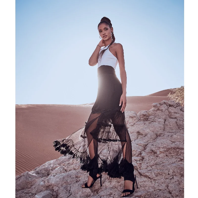 Black Modal Jersey Skirt with Tulle & Lace Ruffle corduroy skirt cozy